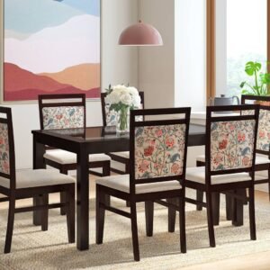 Floyd 6 Seater Dining Table, Glass Top, Finish - Mahogany With set of 6 Alaine Dining Chairs