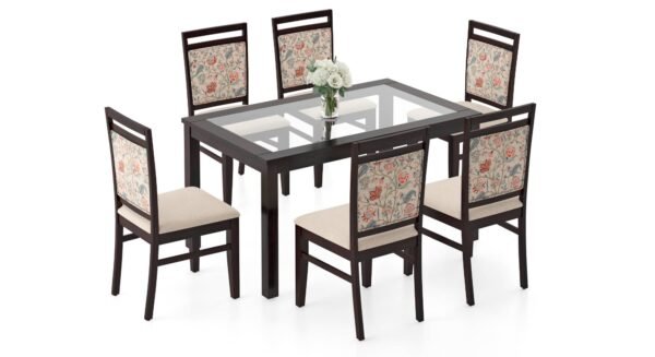 Floyd 6 Seater Dining Table, Glass Top, Finish - Mahogany With set of 6 Alaine Dining Chairs