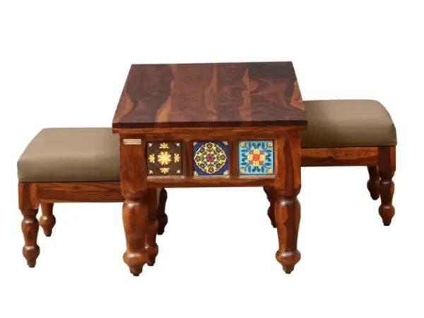 Lakshya Sheesham Wood Coffee Table with 2 Stools